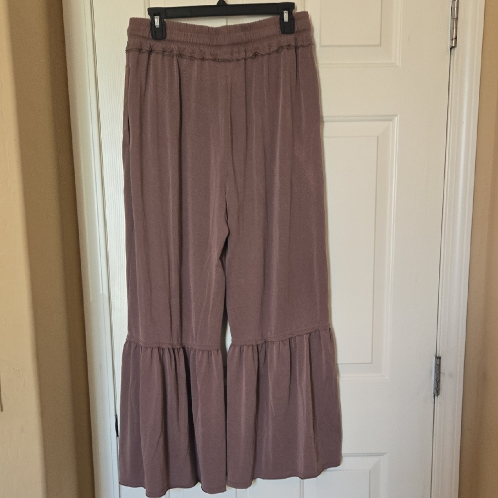 Peace Love World M BOHO Espresso & Red RUFFLE Flare Pants UNIQUE FESTIVE So Soft - Picture 10 of 16